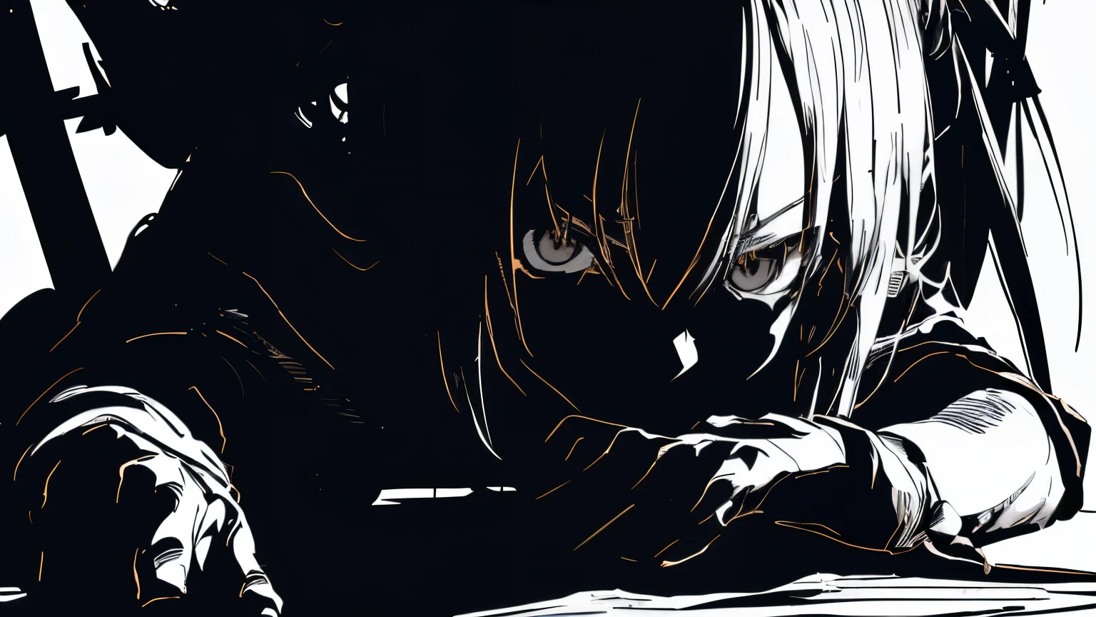 ノートを手に持つ、v5lcn style,Ink Art,(highest quality,Tabletop:1.2),(Black and white comic core:1.1),(extremely high contrast),Dark ink,One Girl,Shadow on face、8K,solve,high school girl,Sailor Suit,