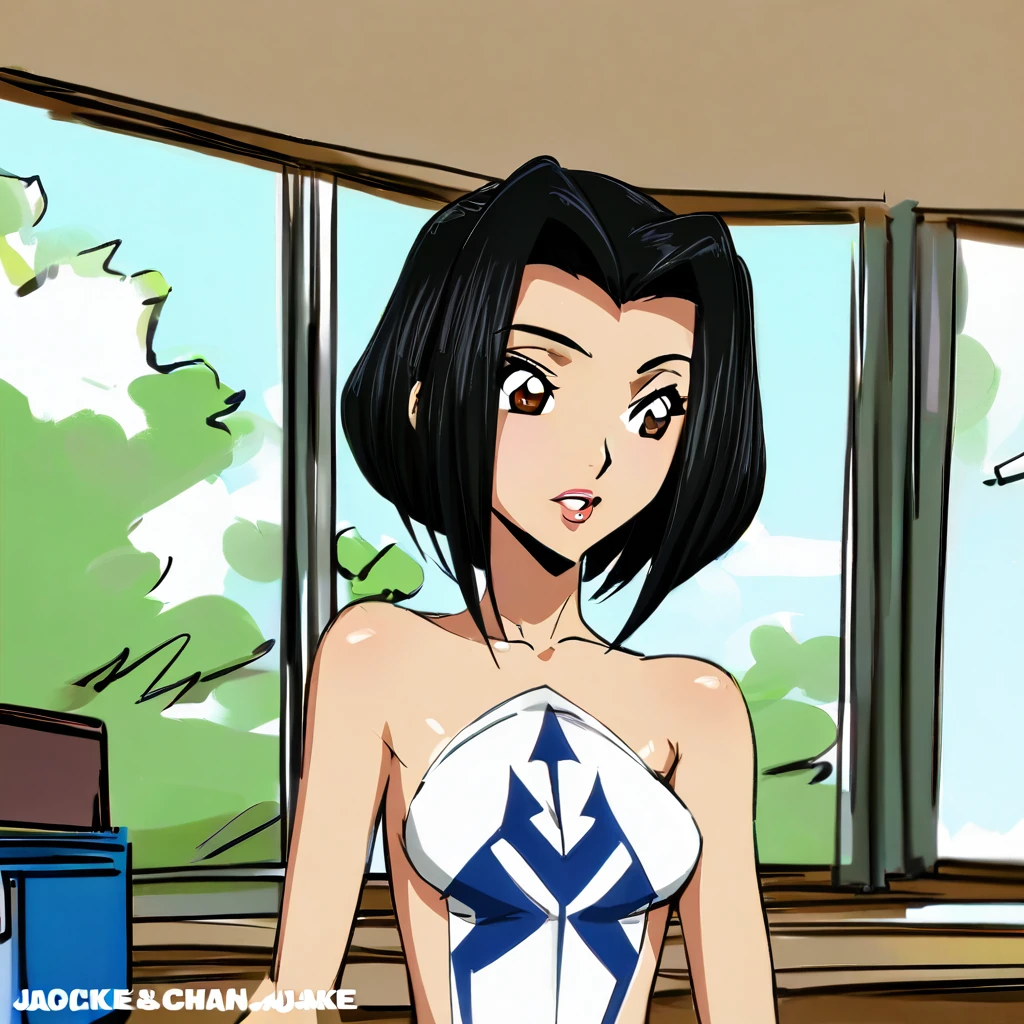 fully-naked Jadechan, Code Geass/Jackie_Chan_adventure crossover, short black hair, brown eyes, uncensored, Jadechan as the main focus, short hair,