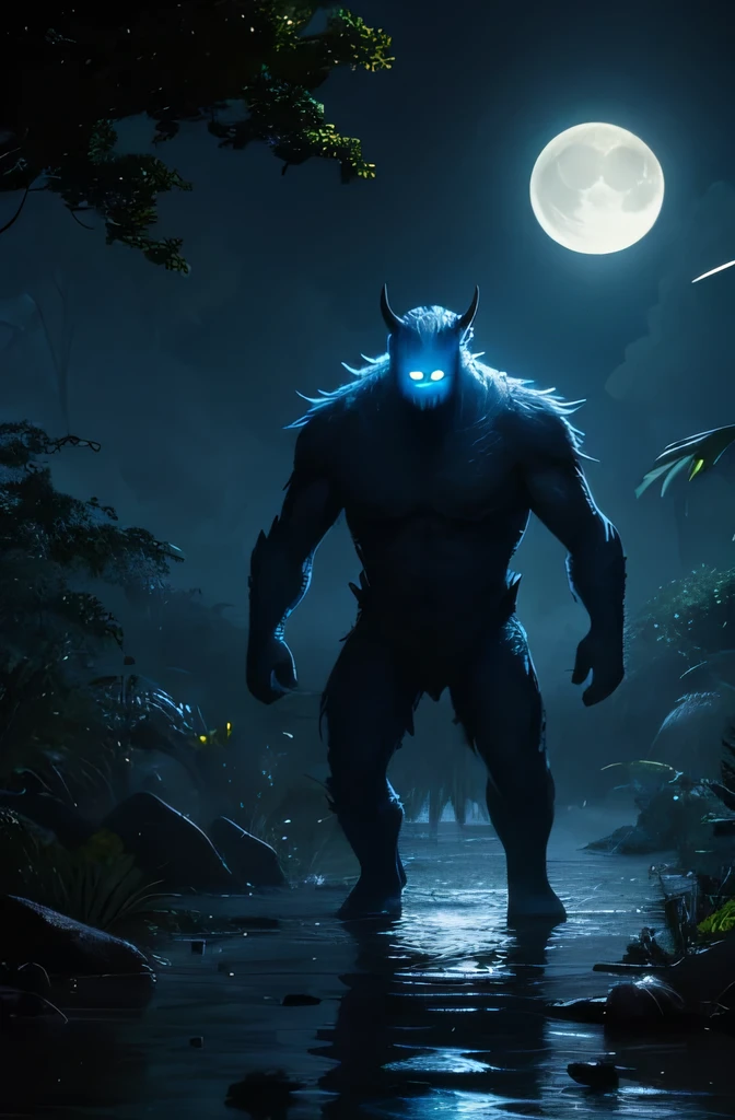 Giant thin one-eyed bright blue monster, evening, rain, forest, giant moon background