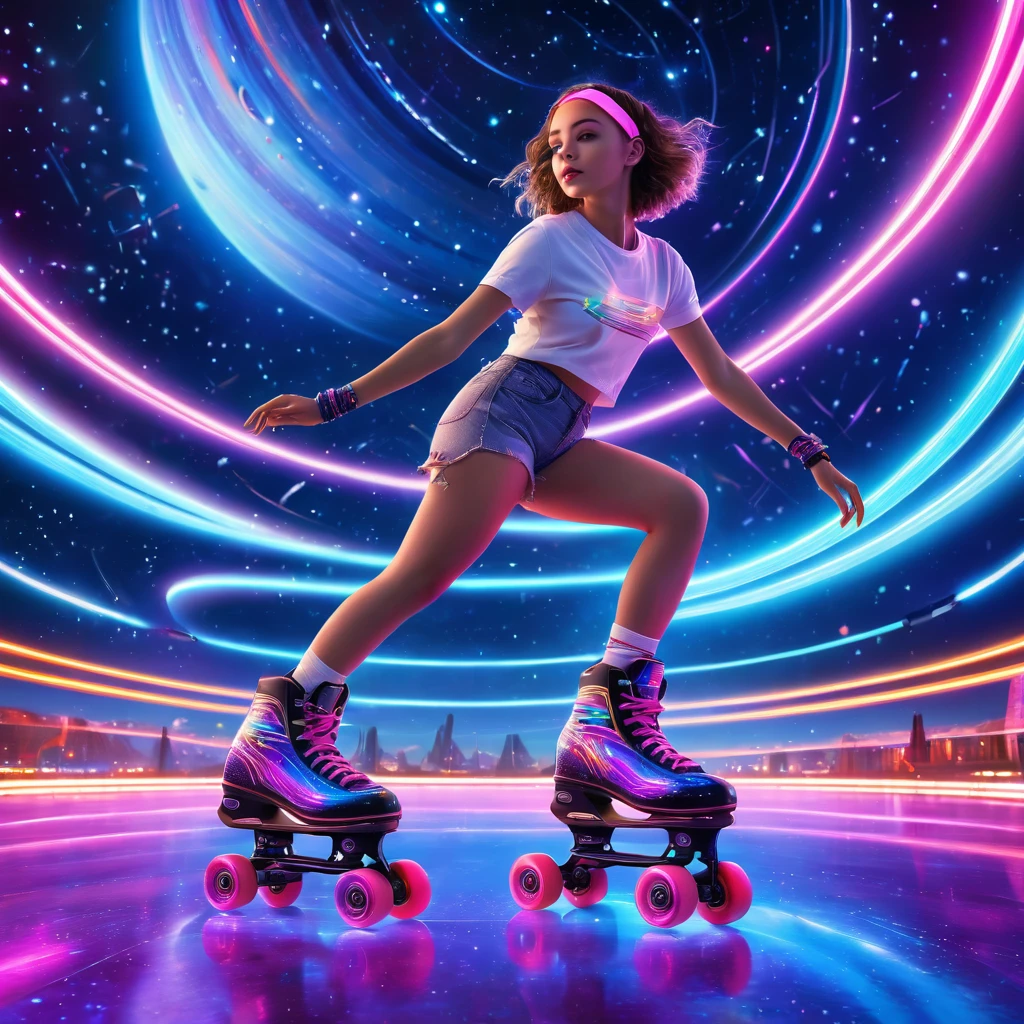 A girl roller skating on Saturn rings, girl in a futuristic space scene, in the background stars and constellations in the sky, neon lights, cinematic lighting, dynamic pose, colorful, vibrant, hyper realistic, 8k, photorealistic, masterpiece, digital art