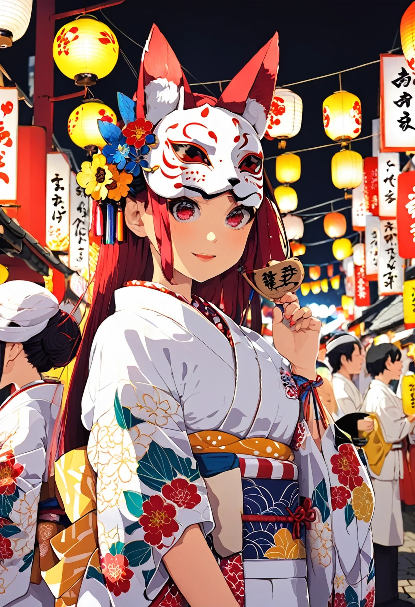 Japan Kawagoe Summer festival Bon dance scaffold Cool down Japan風 Lantern Fox Mask The girl in the white kimono is in the center of the image.