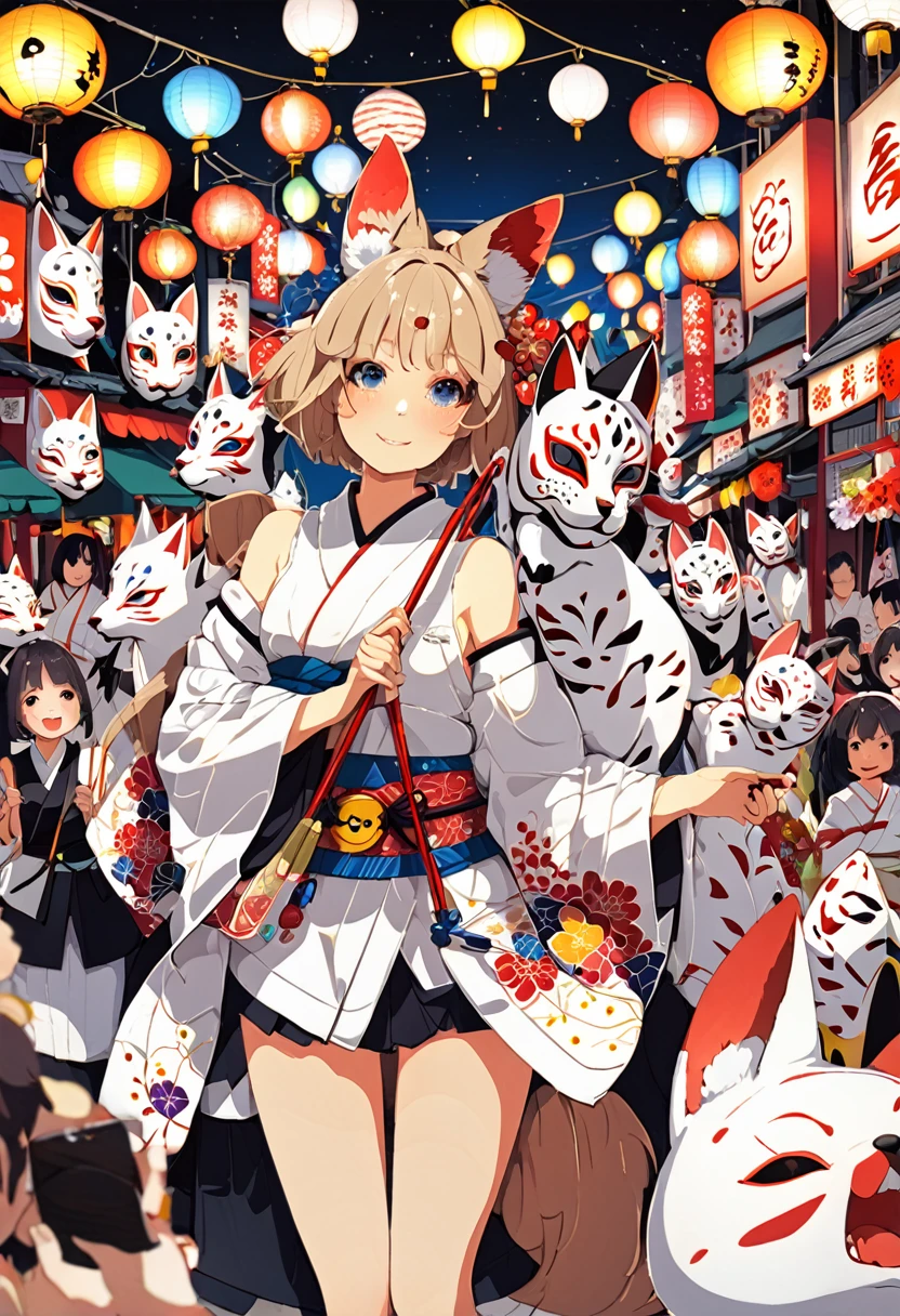 Fusion of fox mask and skull、Ukiyo-e style skull pattern、Hair flowing in the blast、put your hair up、Mass fireworks display、sky at night、Summer Festivals、(Japan kimono printed with a skull pattern:1.5)、Thick eyebrows、Chest、(Huge backpack:1.5)、Beautiful blonde hair、Rabbit ears、(masterpiece)、((top-quality))、(ultra-detailliert)、(in 8K)、Full Body Anime Girl、Clean and detailed anime face、High Resolution Anime Eyes、Beautiful fingers、Five Fingers、nffsw(HighDynamicRange)、The perfect human structure、