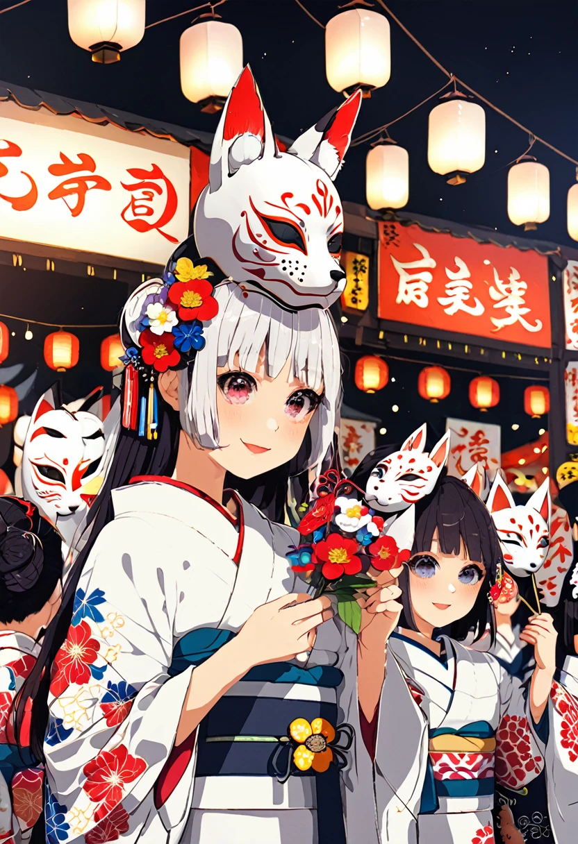 Japan Kawagoe Summer festival Bon dance scaffold Cool down Japan風 Lantern Fox Mask The girl in the white kimono is in the center of the image.
