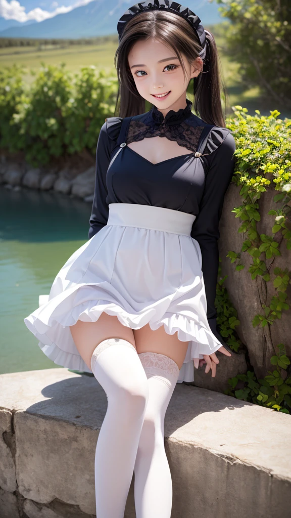 ((masterpiece)), ((highest quality、Ultra high definition)), (Very detailed),8K、Photo quality、((Amazingly cute girl)), ars old girl, (Beautiful emerald blue eyes), ((smile)), white maid costume, In the open-air bath overlooking the sea, Beautifully arranged black hair in twin tails、whole body, (white see-through gothic lolita maid costume, skirt with lots of frills)、Professional Lighting、(White lace knee-highs)、