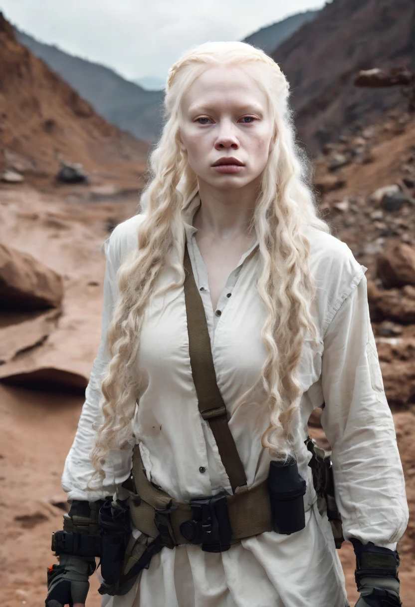 Albino girl with long wavy hair, survival clothing. big breasts