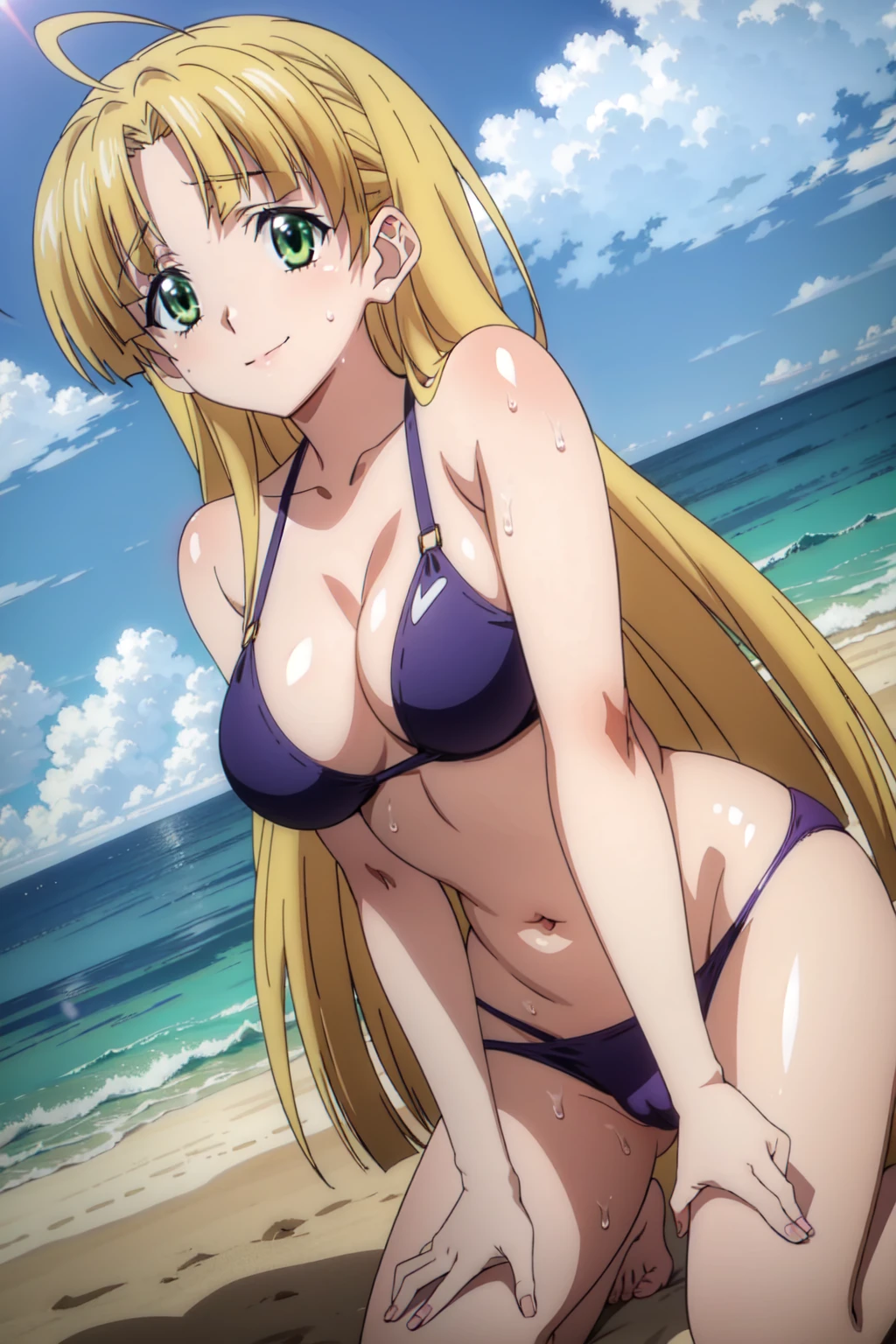 eft_dxd_blonde, 1girl, solo, green eyes, long hair, blonde hair, ahoge,breasts, very long hair, bangs, Smiling, looking at the viewer, blue theme, blue background, cloudy sky, sunlight, sweat, orgasmic, bikini swimsuit, medium breasts, cleavage, belly button exposed, collarbone, thighs, sea and beach,