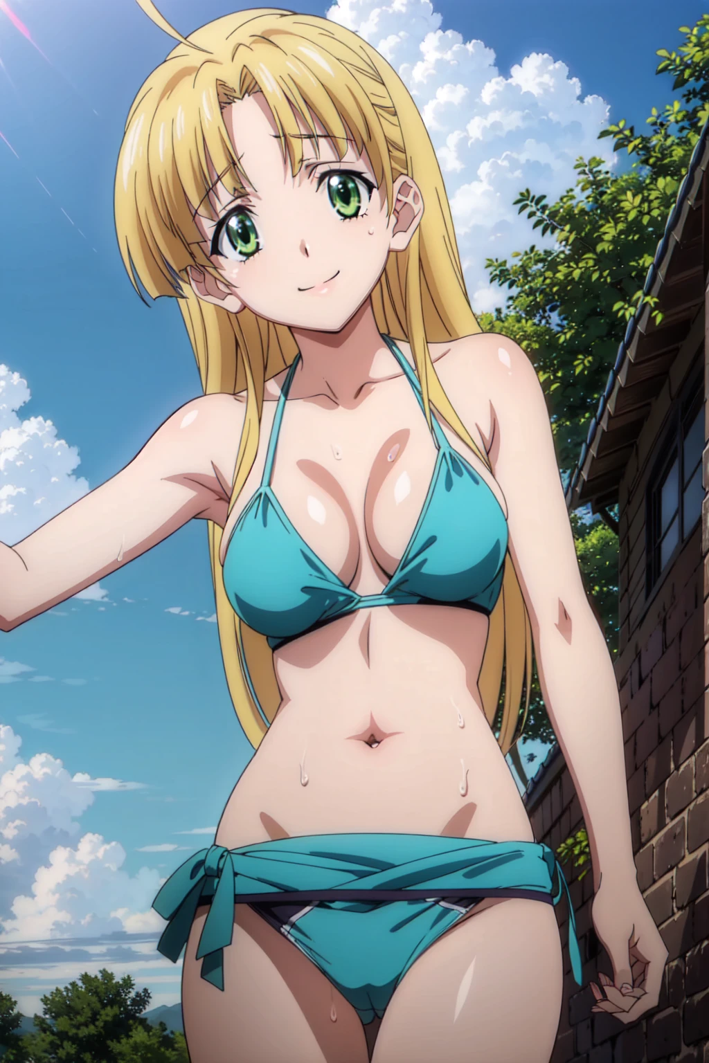 eft_dxd_blonde, 1girl, solo, green eyes, long hair, blonde hair, ahoge,breasts, very long hair, bangs, Smiling, looking at the viewer, blue theme, blue background, cloudy sky, sunlight, sweat, orgasmic, bikini swimsuit, medium breasts, cleavage, belly button exposed, collarbone, thighs, sea and beach,