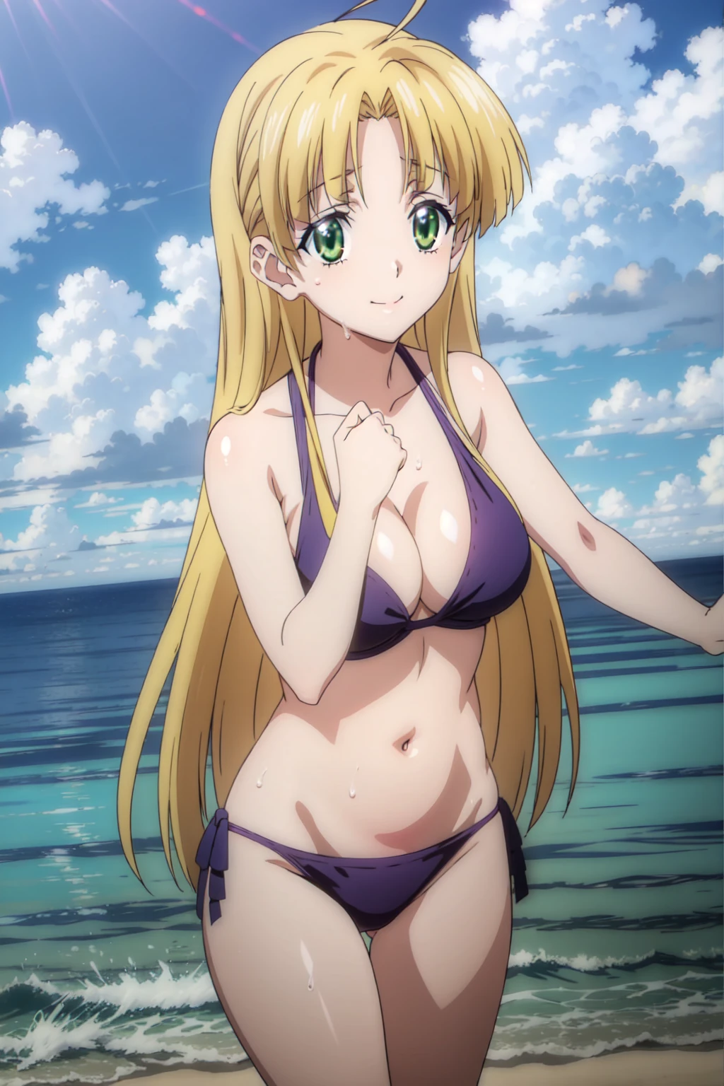 eft_dxd_blonde, 1girl, solo, green eyes, long hair, blonde hair, ahoge,breasts,  very long hair, bangs, Smiling, looking at the viewer, blue theme, blue background, cloudy sky, sunlight, sweat, orgasmic, bikini swimsuit, medium breasts, cleavage, belly button exposed, collarbone, thighs, sea and beach,