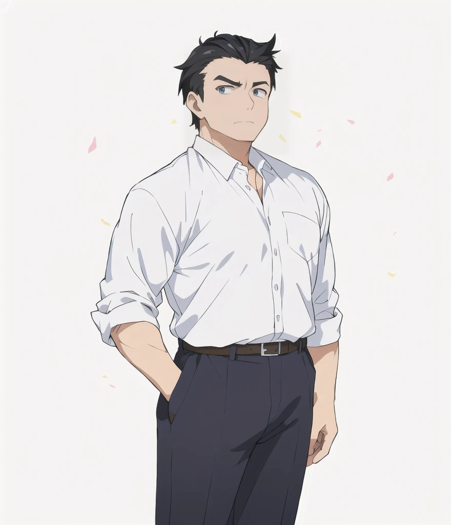Highest quality, high resolution, High quality anime art style, Official Art, Smooth anime CG art, Stylized anime, Visual Novel Sprites, White background, whole body, Anime-style 3D, Smooth anime CG art, Humanoid middle-aged man, JRPG Characters, A man wearing a white shirt and grey trousers, Tough-faced man, Deeply carved face, Black Hair, Slanted Eyes, Thread, Muscular, 50 years old,