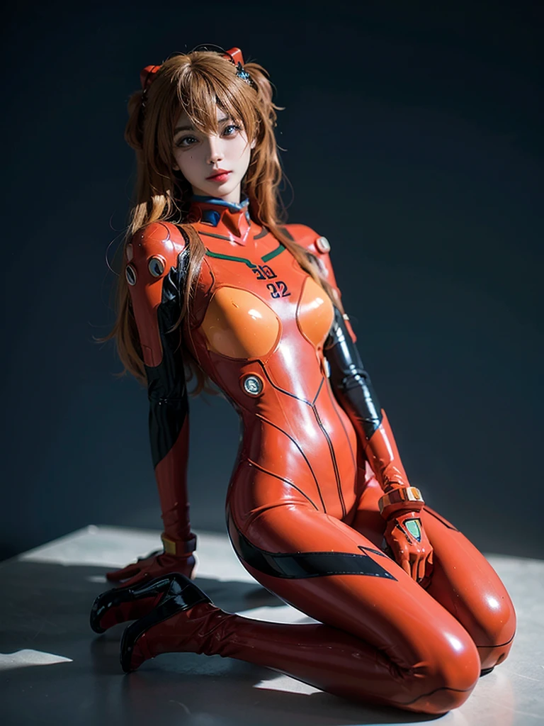best quality, masterpiece, realistic, photorealistic, 1girl, solo, looking at viewer, full body, sitting, long hair, asuka cosplay costume, cosplay, plugsuit, bodysuit, hair ornament, simple background, 