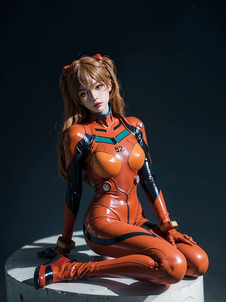 best quality, masterpiece, realistic, photorealistic, 1girl, solo, looking at viewer, full body, sitting, long hair, asuka cosplay costume, cosplay, plugsuit, bodysuit, hair ornament, simple background, 