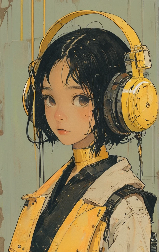 alone, One girl, profile,Black Bob, profile, The background color is solid yellow,An illustration