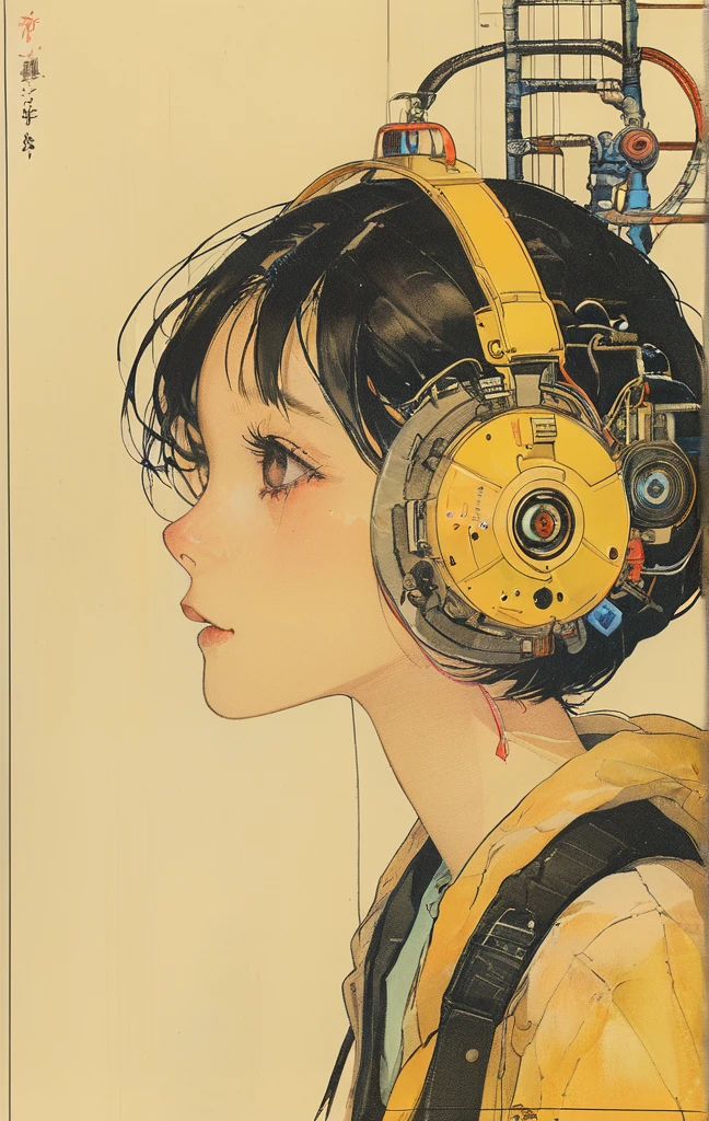 alone, One girl, profile,Black Bob,　profile,  The background color is solid yellow,An illustration