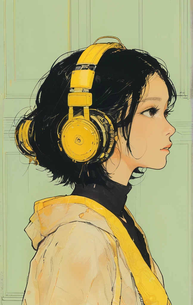 alone, One girl, profile,Black Bob,　profile,  The background color is solid yellow,An illustration