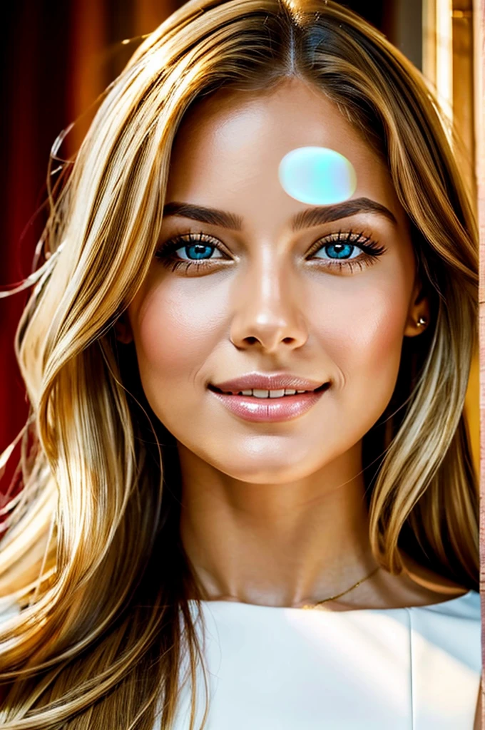 high resolution frontal photo portrait of a woman that has a radiant oval face with striking and captivating appearance, radiating elegance and charm. Her long, wavy blonde hair frames her face in an enchanting way, while her light brown eyes, reminiscent of honey, shine with intelligence and warmth. Her facial features are perfectly balanced, with an elegant nose and softly defined cheekbones. Her smile is radiant and contagious, lighting up the room whenever she enters. Her naturally full and rosy lips add a touch of seduction to her already captivating presence. Carolina meticulously cares for her appearance, maintaining flawless skin that radiates a healthy glow, with a golden undertone that enhances her natural beauty --style raw --ar 3:4