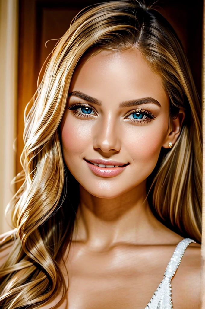 high resolution frontal photo portrait of a woman that has a radiant oval face with striking and captivating appearance, radiating elegance and charm. Her long, wavy blonde hair frames her face in an enchanting way, while her light brown eyes, reminiscent of honey, shine with intelligence and warmth. Her facial features are perfectly balanced, with an elegant nose and softly defined cheekbones. Her smile is radiant and contagious, lighting up the room whenever she enters. Her naturally full and rosy lips add a touch of seduction to her already captivating presence. Carolina meticulously cares for her appearance, maintaining flawless skin that radiates a healthy glow, with a golden undertone that enhances her natural beauty --style raw --ar 3:4