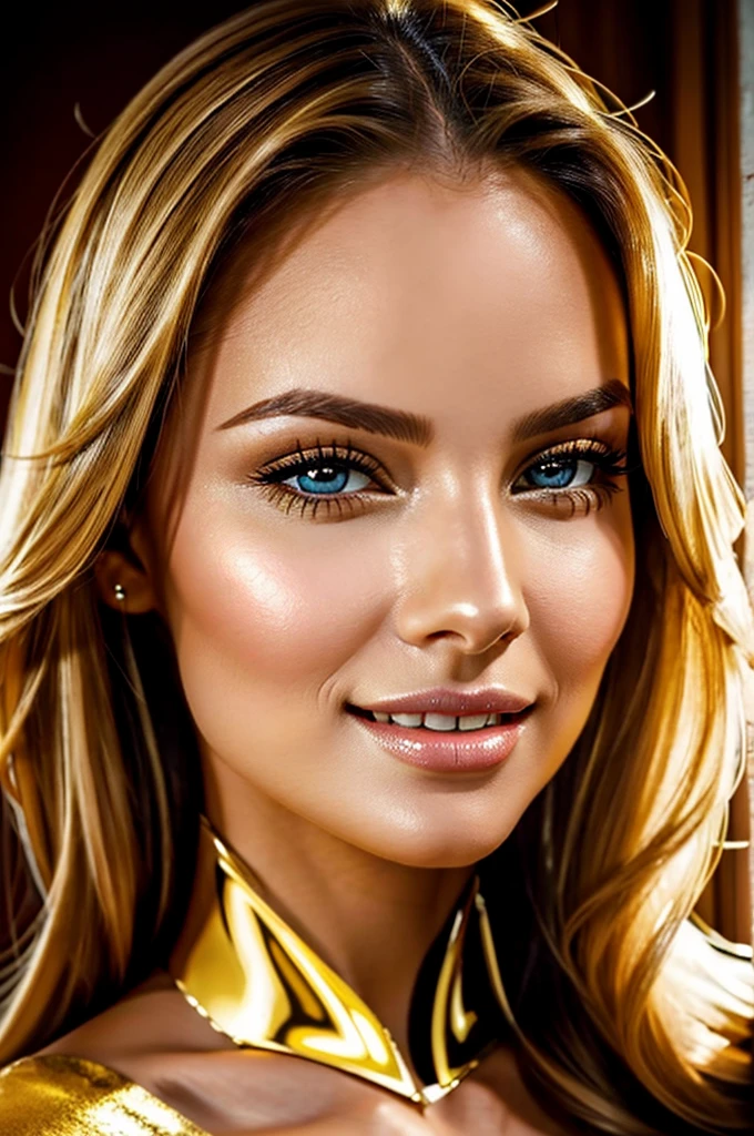 high resolution frontal photo portrait of a woman that has a radiant oval face with striking and captivating appearance, radiating elegance and charm. Her long, wavy blonde hair frames her face in an enchanting way, while her light brown eyes, reminiscent of honey, shine with intelligence and warmth. Her facial features are perfectly balanced, with an elegant nose and softly defined cheekbones. Her smile is radiant and contagious, lighting up the room whenever she enters. Her naturally full and rosy lips add a touch of seduction to her already captivating presence. Carolina meticulously cares for her appearance, maintaining flawless skin that radiates a healthy glow, with a golden undertone that enhances her natural beauty --style raw --ar 3:4