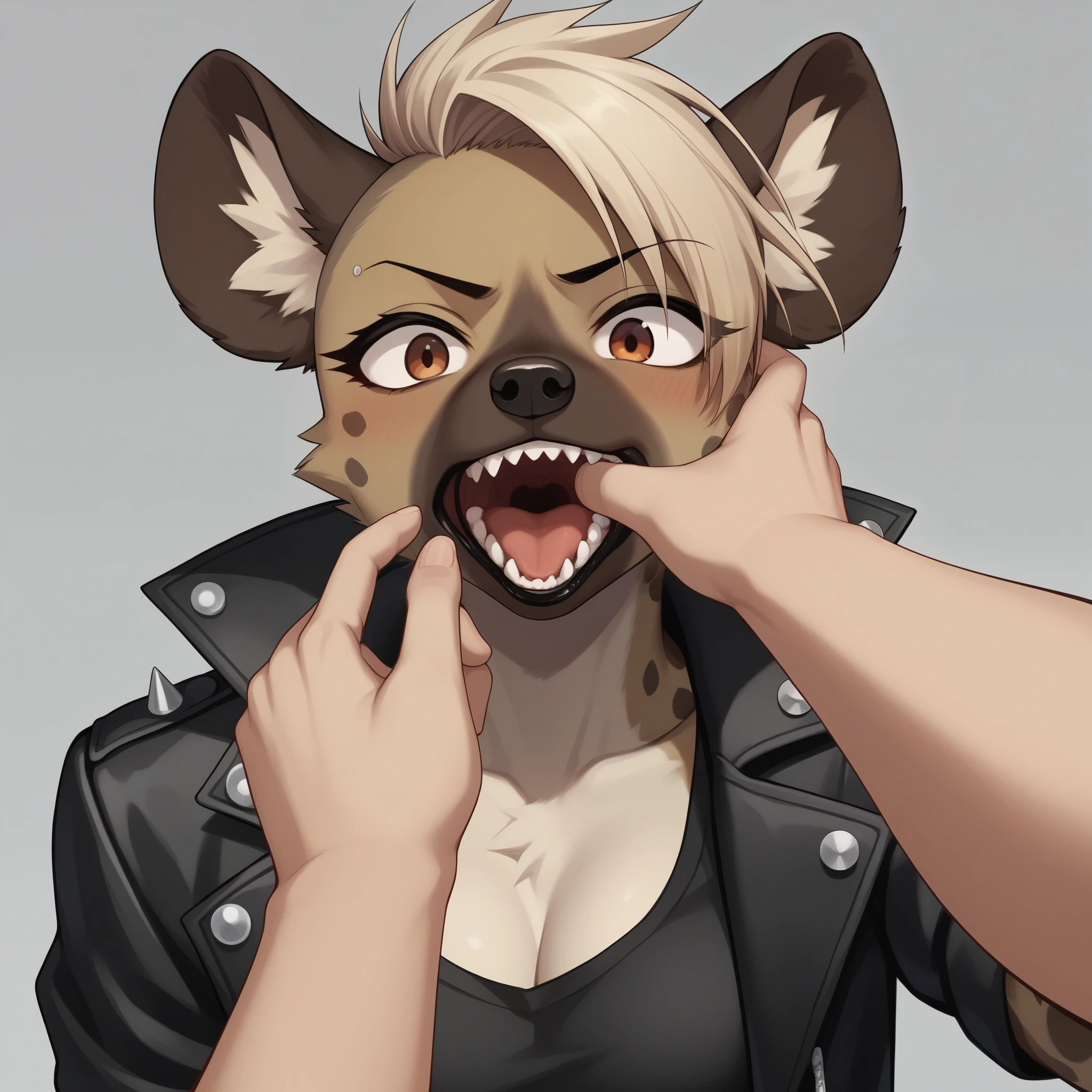 Solo, score_9,score_8_up,score_7_up, kemono style, source_furry, Trisha, a tall female spotted hyena, brown snout, black nose, brown eyes, short spiked undercut platinum blonde hair, black lips, brown hyena ears, wearing black leather jacket, black crop top, mouth open wide, sharp canine teeth, she looks very confused, shocked expression, one raised eyebrow, (pov, pov human viewer is putting his fingers in her mouth, human male putting finger in her mouth, stretching her mouth wide open, mouth focus):1.4