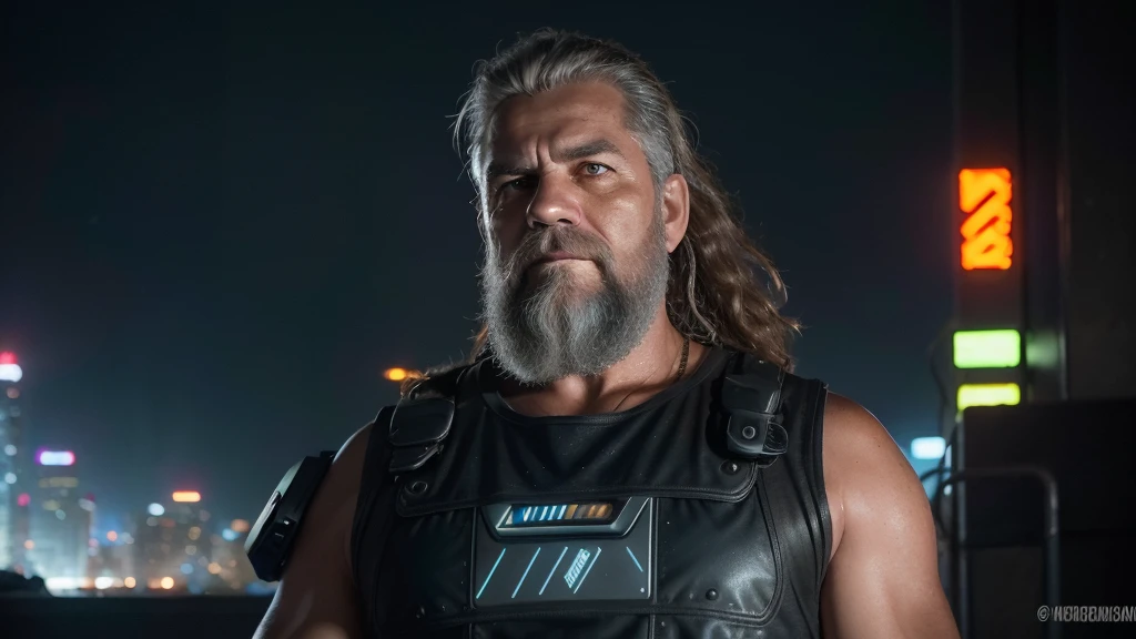 Front View, Centered,Ultra-realistic RAW portrait of a 50-year-old man with a large beard and rock metal style hair, reimagined in a cyberpunk setting. He is wearing futuristic attire of a post-apocalyptic cyberpunk warrior. The scene takes place in a city with neon-lit skyscrapers in the background under a cloudy, rainy sky. The man has visible cybernetic enhancements on his body. The lighting should feature vibrant neon colors and dramatic contrasts to highlight the intricate details of your costume, the texture of your beard, and the futuristic environment. Photographed with a professional DSLR camera to capture fine details and depth.