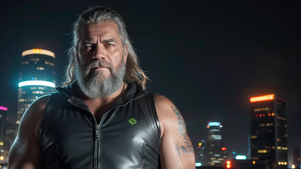 Front View, Centered,Ultra-realistic RAW portrait of a 50-year-old man with a large beard and rock metal style hair, reimagined in a cyberpunk setting. He is wearing futuristic attire of a post-apocalyptic cyberpunk warrior. The scene takes place in a city with neon-lit skyscrapers in the background under a cloudy, rainy sky. The man has visible cybernetic enhancements on his body. The lighting should feature vibrant neon colors and dramatic contrasts to highlight the intricate details of your costume, the texture of your beard, and the futuristic environment. Photographed with a professional DSLR camera to capture fine details and depth.