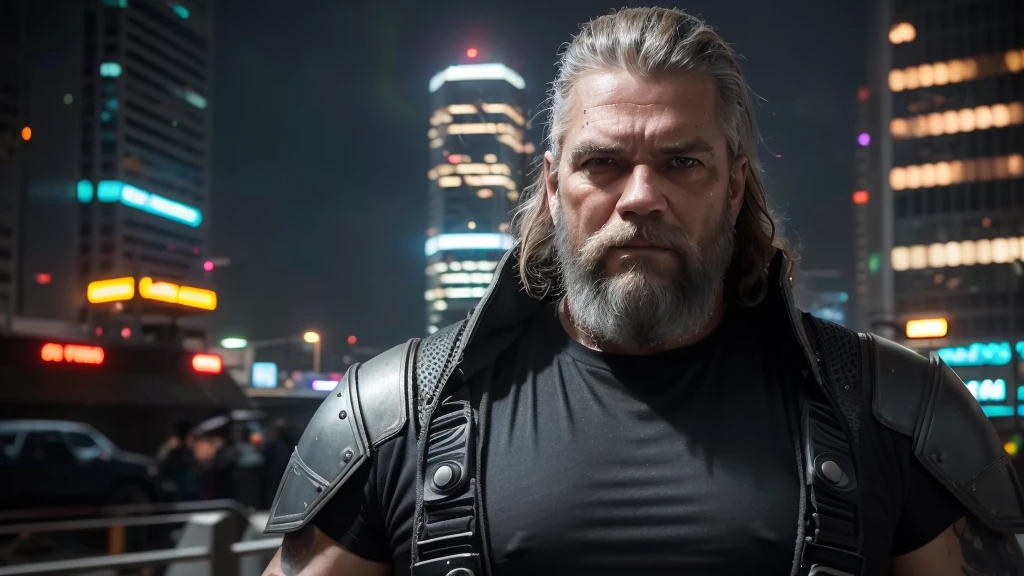Front View, Centered,Ultra-realistic RAW portrait of a 50-year-old man with a large beard and rock metal style hair, reimagined in a cyberpunk setting. He is wearing futuristic attire of a post-apocalyptic cyberpunk warrior. The scene takes place in a city with neon-lit skyscrapers in the background under a cloudy, rainy sky. The man has visible cybernetic enhancements on his body. The lighting should feature vibrant neon colors and dramatic contrasts to highlight the intricate details of your costume, the texture of your beard, and the futuristic environment. Photographed with a professional DSLR camera to capture fine details and depth.