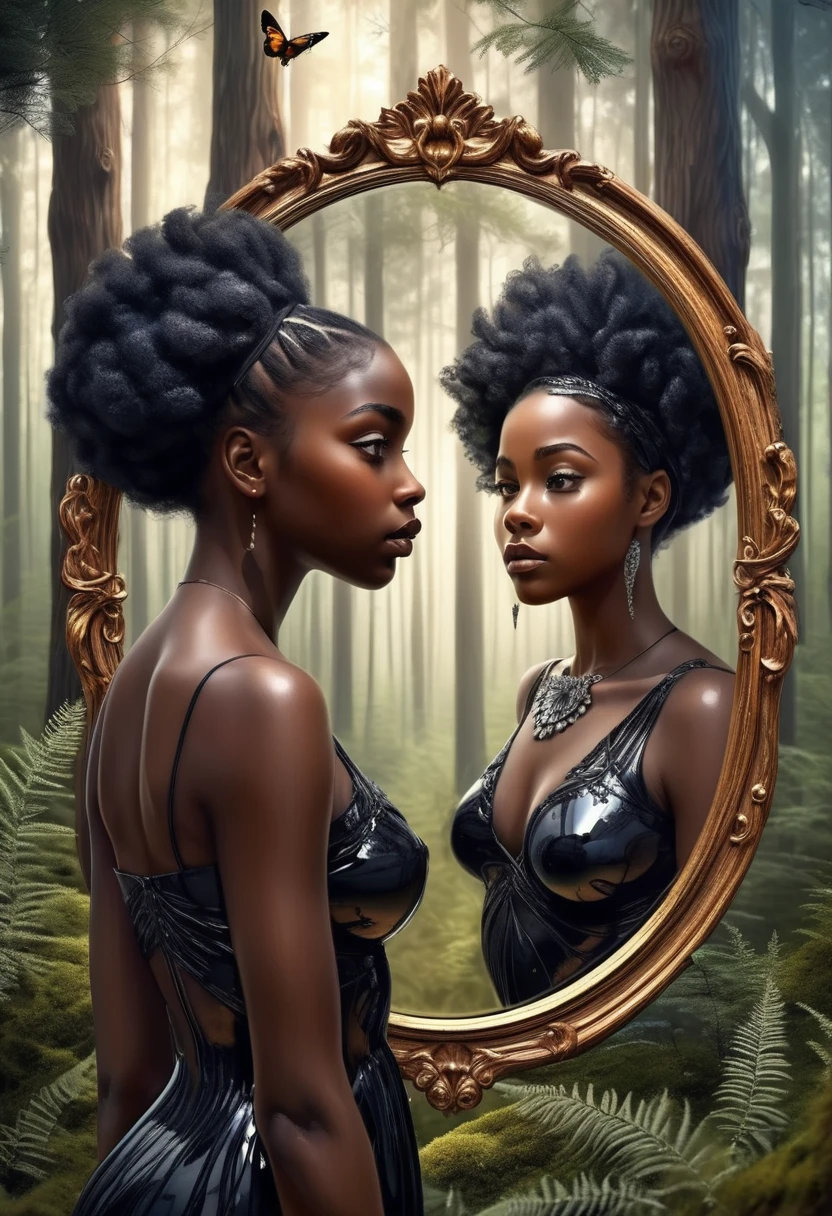 surrealism art, in forest background. One black young girl looking at a beautiful mature black woman in a mirror.