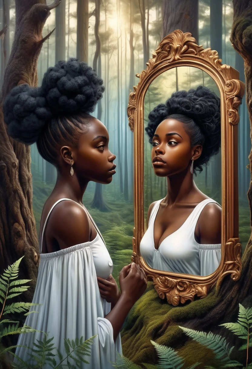 surrealism art, in forest background. One black young girl looking at a beautiful mature black woman in a mirror.
