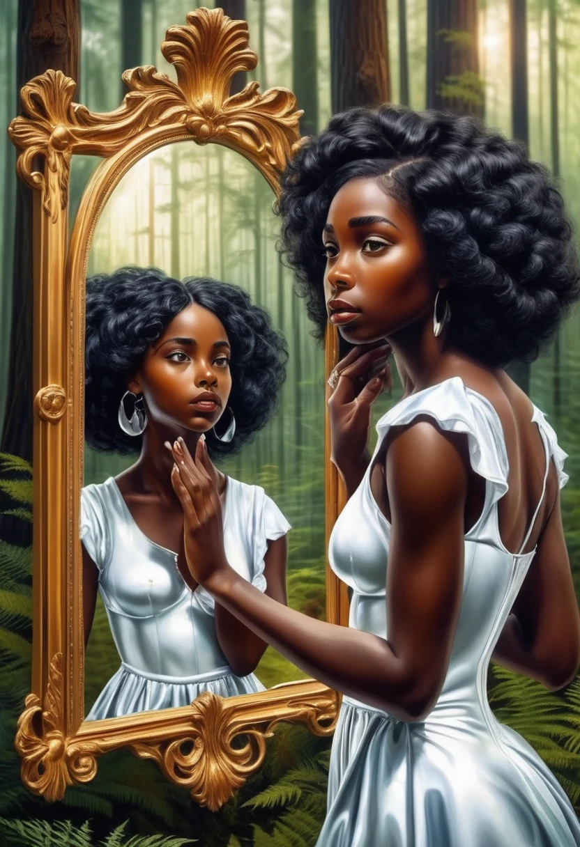 surrealism art, in forest background. One black young girl looking at a beautiful mature black woman in a mirror.