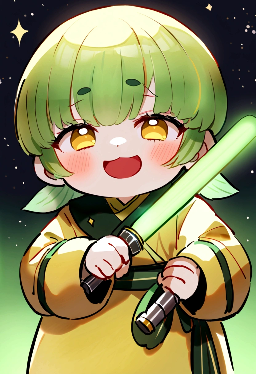 ((Cute little bird，Yellow body，Red Mouth，Chick))，Simple Background，Cute expression、Real、The green onions shine, space、Holding a leek lightsaber、