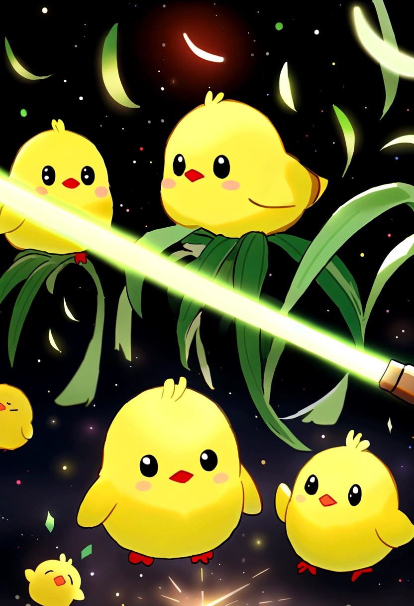 ((Cute little bird,Yellow body,Red Mouth,Chick)),Simple Background,Cute expression、Real、The green onions shine, space、Holding a leek lightsaber、