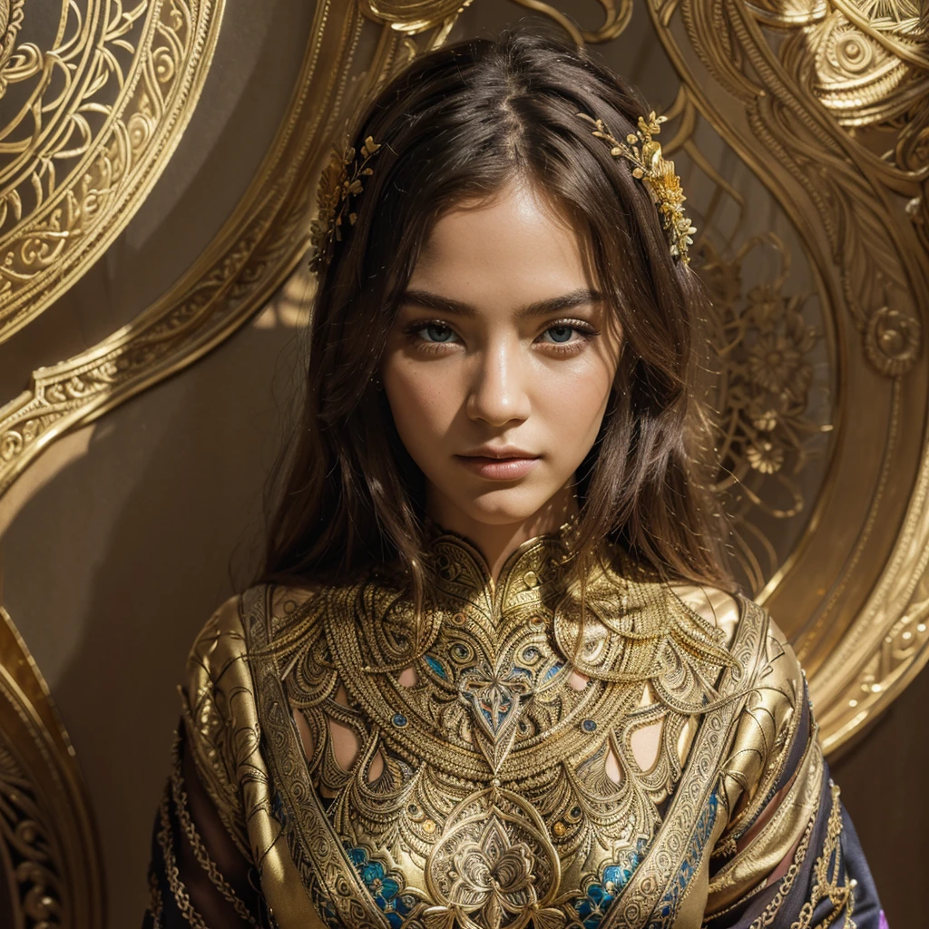 (masterpiece, top quality, best quality, official art, beautiful and aesthetic:1.2), (1girl), extreme detailed,colorful,highest detailed, official art, unity 8k wallpaper, ultra detailed, beautiful and aesthetic, beautiful, masterpiece, best quality, (zentangle, mandala, tangle, entangle) ,holy light,gold foil,gold leaf art,glitter drawing, PerfectNwsjMajic