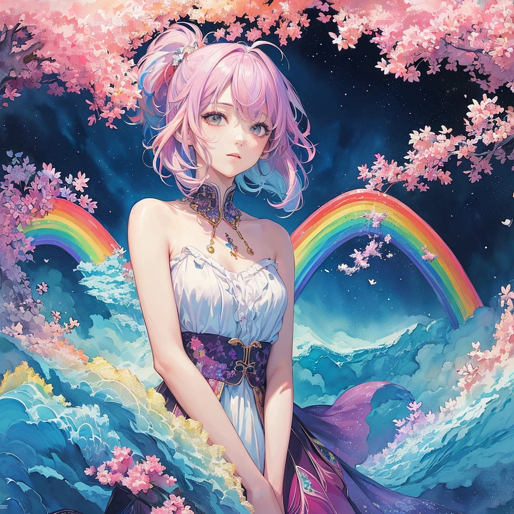 (masterpiece, Highest quality, Highest quality,watercolor (Moderate),Official Art, beautifully、aesthetic:1.2),(One girl:1.3), (Fractal Art:1.3),Upper Body, From the side, View your viewers,pattern,(Rainbow Hair,colorful hair,Half Blue、Half pink hair:1.2),water,liquid, cloud,colorful, Starry sky,performer,