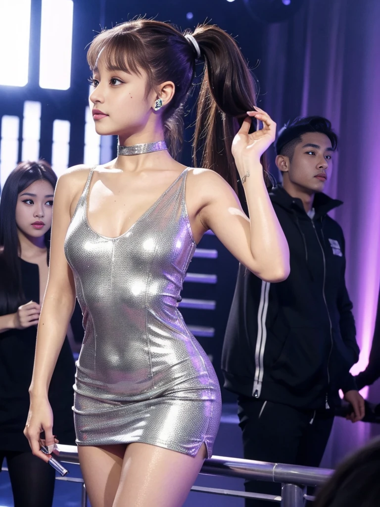 ariana grande, wearing a silver body-con short dress with a deep slit in the chest, go to party, long high ponytail,