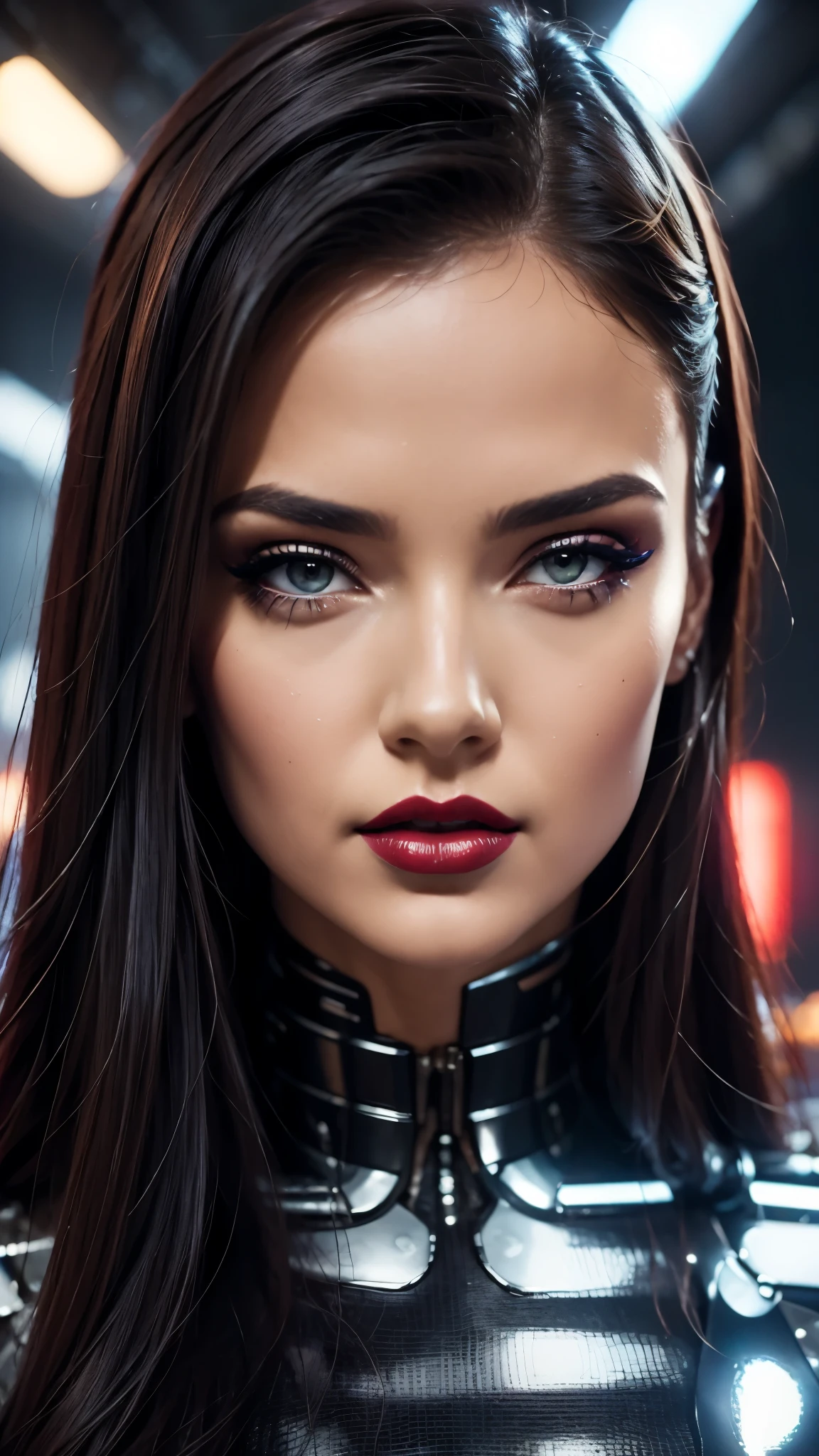 a close up of a woman wearing a futuristic helmet and red lipstick, cyberpunk jackie welles, cgsociety 9, style = retro-futurism, beautiful android woman, portrait of a female android, retro futuristic fashion, still from the movie bladerunner, female cyborg in data center, moebius aesthetic, movie still of a alien cyborg, depicted as a scifi scene  