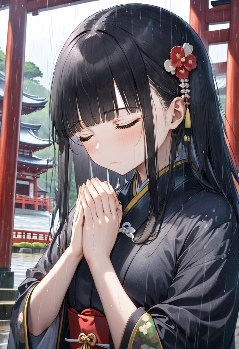 (Memorial ,style) (Pressing palms together in prayer) (in a lady Mourning Costume), break, (solo:2, 15 yo, blunt bangs:1.2 black hair long hair girl, sad closed eyes, tears of eyes), (praying to Grandmother), in the Dazaifu Tenmangu Shrine Memorial Tower, background rainy sky, BREAK, perfect anatomy, masterpiece, best quality, 16k, beautiful detailed rainy, daydreaming expression.
