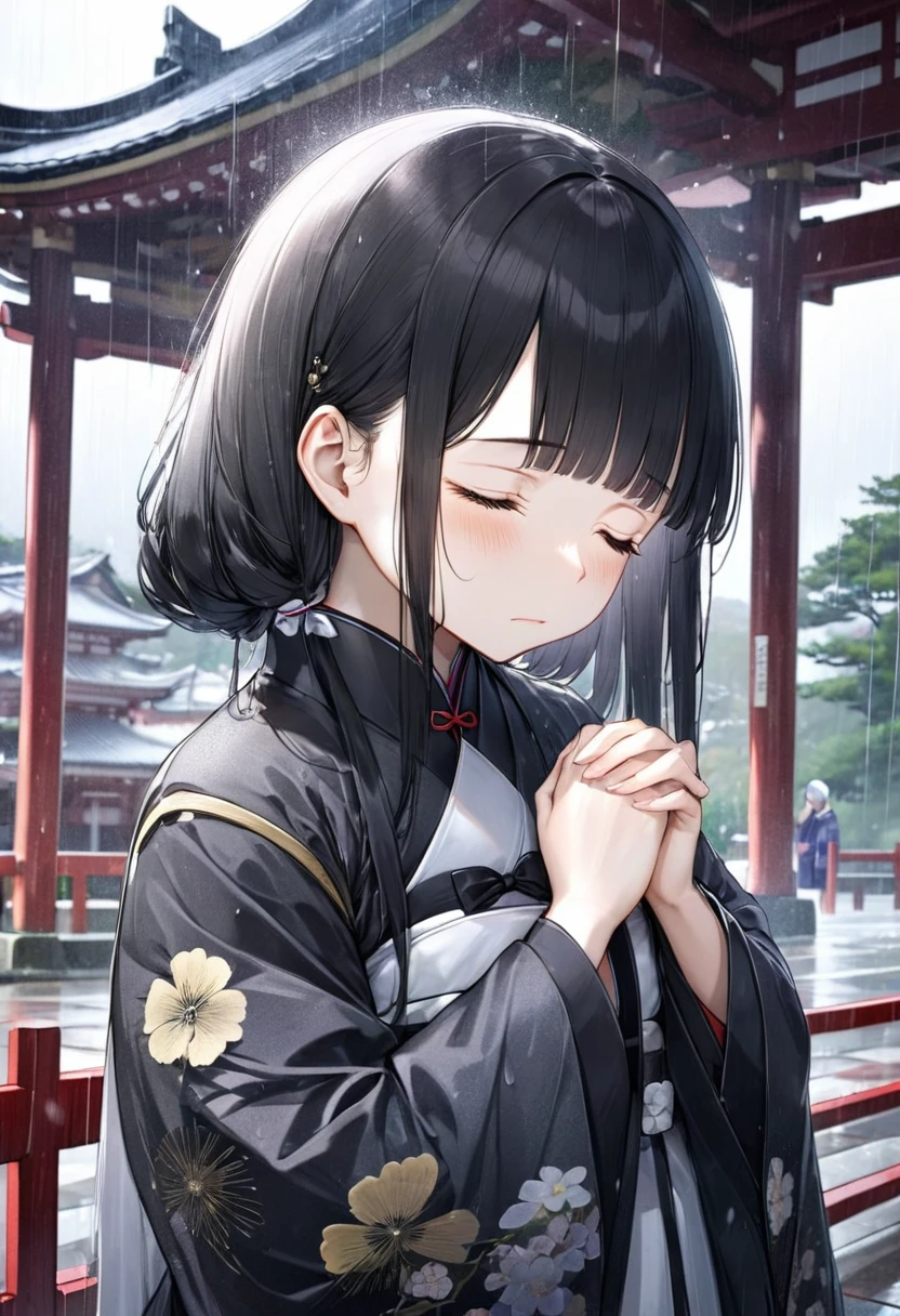 (Memorial ,style) (Pressing palms together in prayer) (in a lady Mourning Costume), break, (solo:2, 15 yo, blunt bangs:1.2 black hair long hair girl, sad closed eyes, tears of eyes), (praying to Grandmother), in the Dazaifu Tenmangu Shrine Memorial Tower, background rainy sky, BREAK, perfect anatomy, masterpiece, best quality, 16k, beautiful detailed rainy, daydreaming expression.