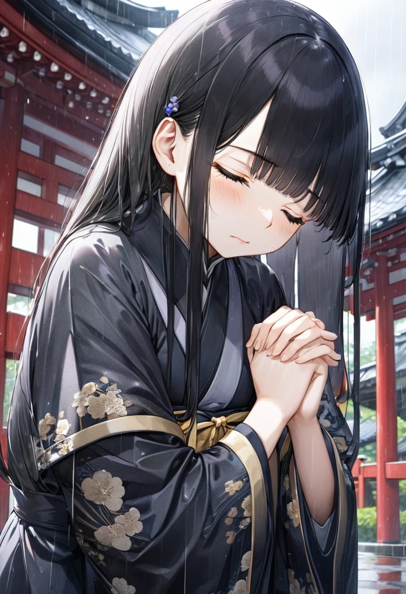 (Memorial ,style) (Pressing palms together in prayer) (in a lady Mourning Costume), break, (solo:2, 15 yo, blunt bangs:1.2 black hair long hair girl, sad closed eyes, tears of eyes), (praying to Grandmother), in the Dazaifu Tenmangu Shrine Memorial Tower, background rainy sky, BREAK, perfect anatomy, masterpiece, best quality, 16k, beautiful detailed rainy, daydreaming expression.