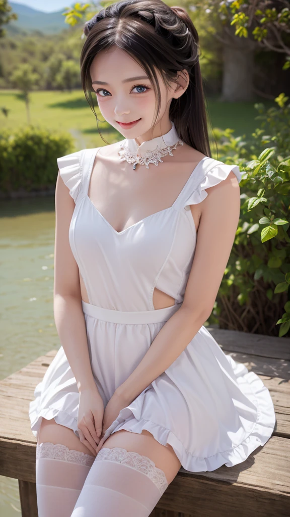 ((masterpiece)), ((highest quality、Ultra high definition)), (Very detailed),8K、Photo quality、((Amazingly cute girl)),((())), Two people, , (Beautiful emerald blue eyes), ((smile)),In the open-air bath overlooking the sea, Beautifully arranged black hair in twin tails、whole body、Cute lolita maid stylimsuit))、Professional Lighting、(White lace knee-highore detailed and beautiful)、(More details and cutenesore realistic)、(((Just wear light clothing)))、プールではしゃぐ、