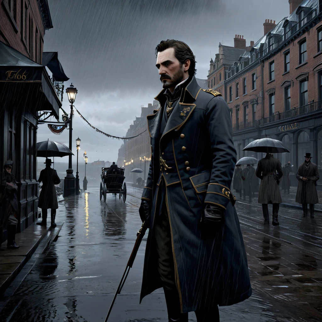 Game characters the order 1886, gloomy style, paisagem sombria,It rains heavily,Sir Galahad in overcoat 