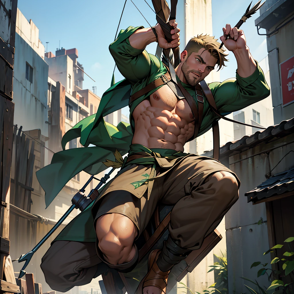 In movement ,in action , 32k, high quality , very well detailed face , detailed fingers ,detailed muscles, detailed background, stephen amell as green arrow , wearing dark green hero outfit, showing a dark blond short hair WITH FADE AWAY , a well groomed facial hair , a bulge ,hunk and handsome, using his bow and arrow , shooting with his bow and arrow toward the ennemy,in action , jumping from roof to roof , in the air , with his quiver full of arrows on his back , background cityscape at DAY LIGHT