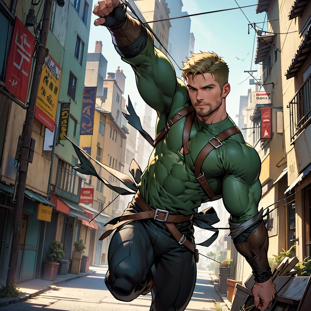 In movement ,in action , 8k, high quality , very well detailed face , detailed fingers ,detailed muscles, detailed background, stephen amell as green arrow , wearing dark green outfit, showing a dark blond short hair WITH FADE AWAY , a well groomed facial hair , a bulge ,hunk and handsome, using his bow and arrow , aiming with his bow and arrow toward the ennemy,in action , jumping from roof to roof , in the air , with the quiver on his back full of arrows, background cityscape at DAY LIGHT