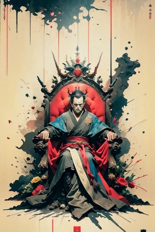 Masterpiece, Ultra-Detailed portrait, detailed illustration, high quality, high resolution 16k man in a crown sits on a throne with a sword, the great stokor king, lord of hell on the throne, The Medieval Old King, King Richard the Lionheart, the king of death, The King of Hell, Richard IV king of Rome, Sitting on the Iron Throne, Anato Finnstark!!, Robert De Niro as Medieval Joker, Jaime Lannister, cloud,colorful, ink