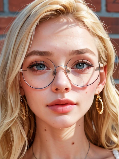 dynamic close-up of the upper part of 1 freckled Russian woman, legit albino, extremely slim and beautiful, perfect body, well-shaped face, skin with highly detailed depth, she is leaning against a brick wall, (long hair, wavy blonde hair and slightly messy), (detailed eyes, big and bright, light brown eyes, curled eyelashes, big glasses), (sensual pouting with mouth), wearing a short sweater showing shoulders, ultra realistic image, vibrant and pointed, dynamic vision, High quality, hyper-realistic and cinematic 32k.