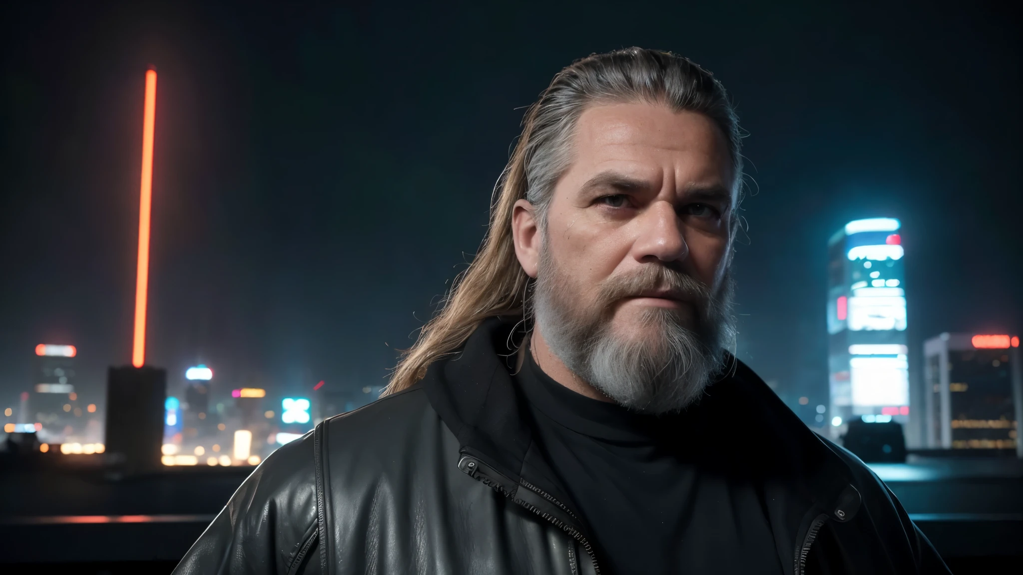 Front View, Centered,Ultra-realistic RAW portrait of a 50-year-old man with a large beard and rock metal style hair, reimagined in a cyberpunk setting. He is wearing futuristic attire of a post-apocalyptic cyberpunk warrior. The scene takes place in a city with neon-lit skyscrapers in the background under a cloudy, rainy sky. The man has visible cybernetic enhancements on his body. The lighting should feature vibrant neon colors and dramatic contrasts to highlight the intricate details of your costume, the texture of your beard, and the futuristic environment. Photographed with a professional DSLR camera to capture fine details and depth.