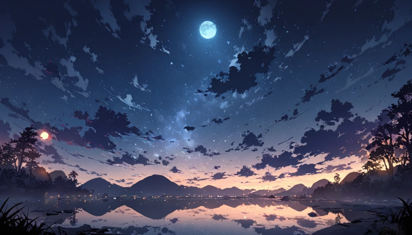 1 male, night, night景, landscape, moon
