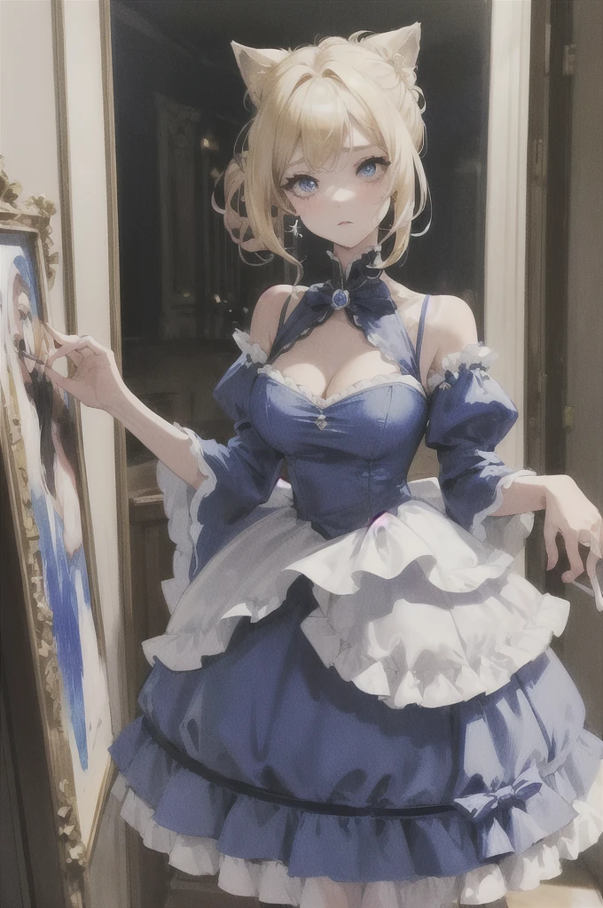 halF body,blonde hair,messy bun hairstyle,royal blue dress,closed dress,royalty,british girl,slim,in mansion,thin bidy,big hair bun,light bkue dress,big eyes,tilting head,looking up,painting,cat ears