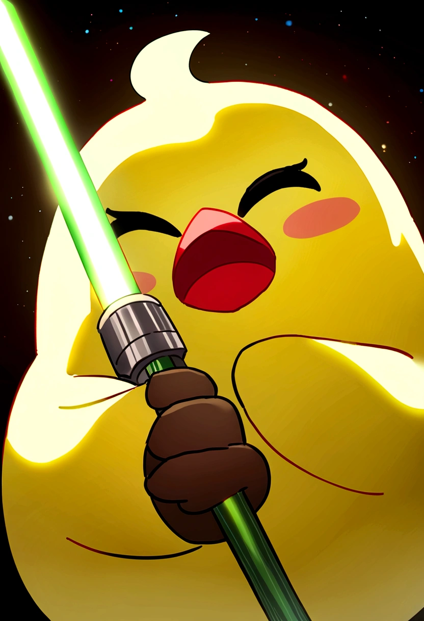 ((Cute little bird,Yellow body,Red Mouth,Chick)),Simple Background,Cute expression、Real、The green onions shine, space、A bird is holding a leek lightsaber、