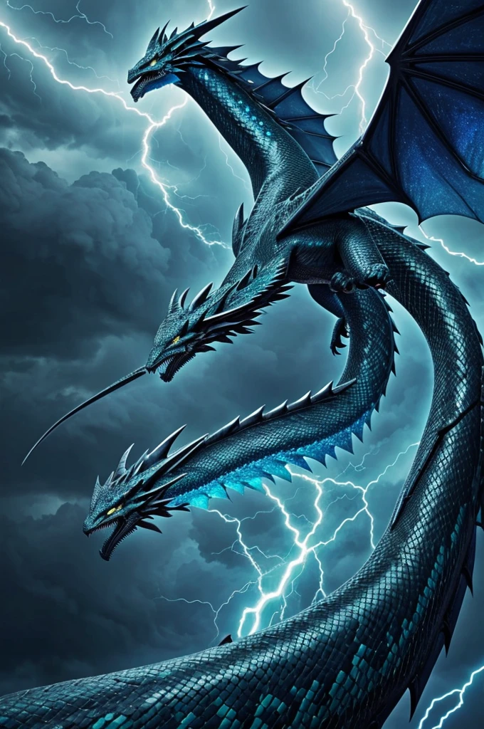 Zephyra is a massive, serpentine dragon with scales that shimmer like storm clouds, shifting between shades of blue, grey, and silver. Her wings are vast, appearing like thunderheads ready to burst, and her eyes glow with the intensity of lightning