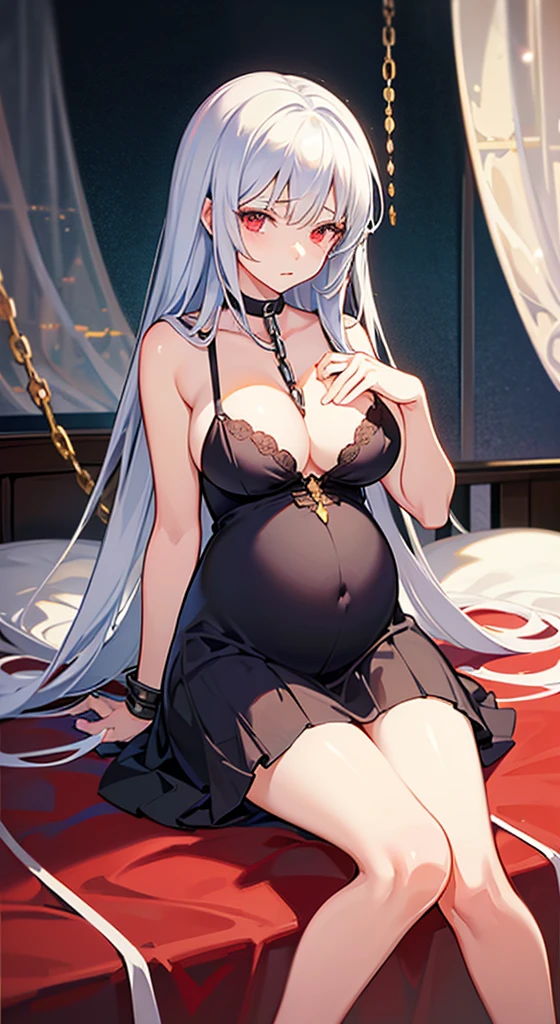 one pregnant anime girl with white hair and red eyes, chained and laying on a bed. Sad. breast feeding