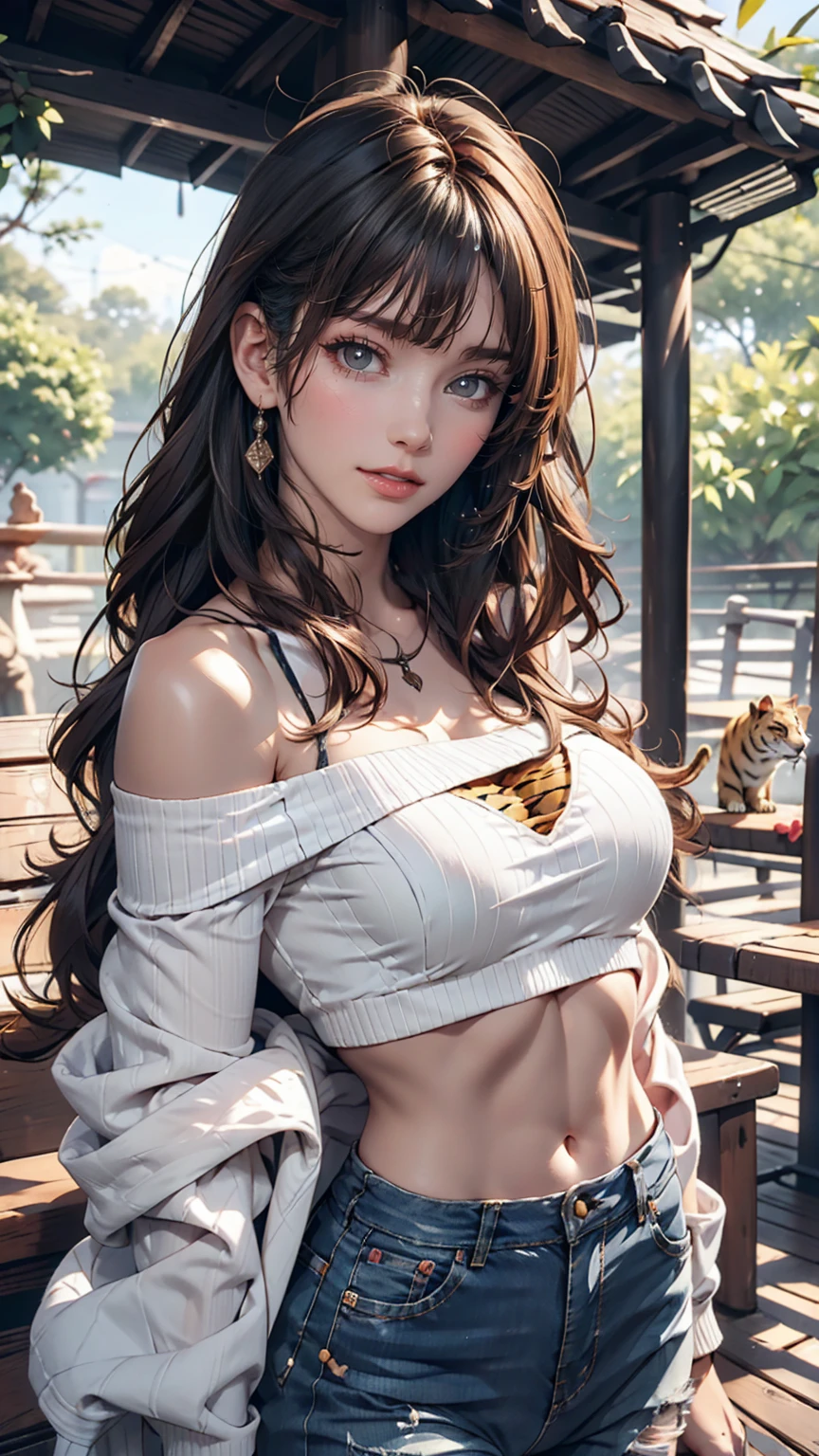 zoo、Tiger enclosure((Iron bars))、19-year-old female、Hair color is gradient color、Wear off-the-shoulder tops、Wear low rise skinny jeans